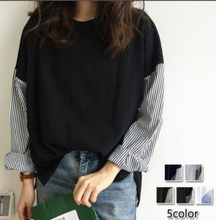 画像をギャラリービューアに読み込む, tシャツ Tシャツ カットソー レディース 長袖 ストライプ トップス 切り替え 異素材 フリーサイズ おしゃれ 上品 送料無料
