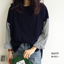画像をギャラリービューアに読み込む, tシャツ Tシャツ カットソー レディース 長袖 ストライプ トップス 切り替え 異素材 フリーサイズ おしゃれ 上品 送料無料
